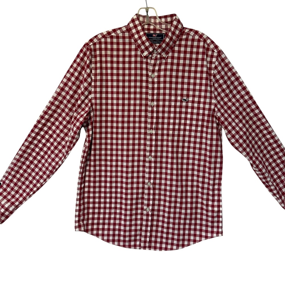 Vineyard Vines Mens Slim Fit Tucker Shirt Red White Gingham‎ Check Cotton Size M